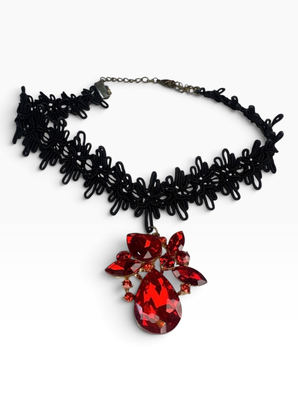 Ruby Red Gothic Choker Necklace Lace Crystal Glass Cluster Vampire Wedding 18”